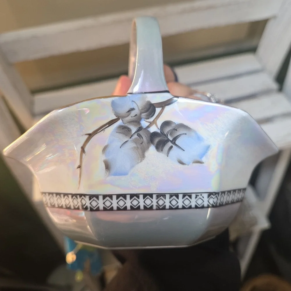 Vintage Lusterware Porcelain Basket with Hand-painted Floal Motif Japan Art Deco